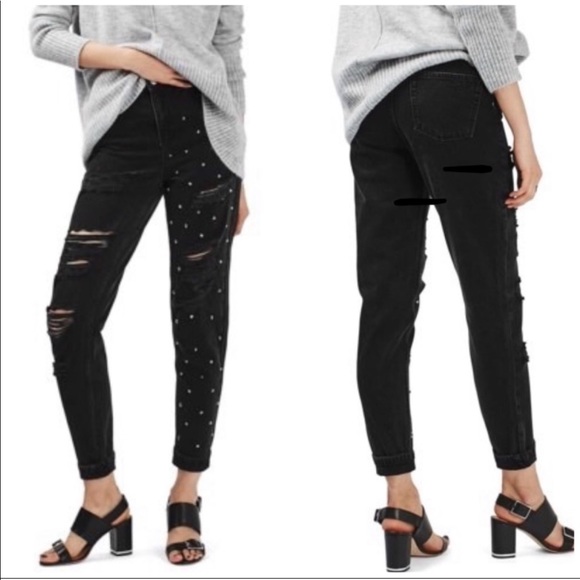 Topshop Mom High Waist Super Ripped Studded Jeans - Picture 3 of 9